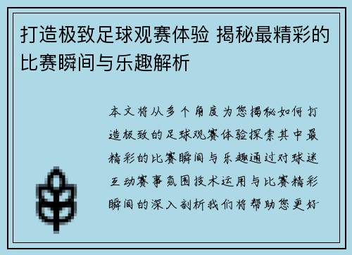 打造极致足球观赛体验 揭秘最精彩的比赛瞬间与乐趣解析
