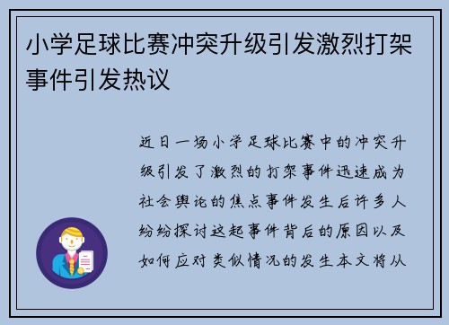 小学足球比赛冲突升级引发激烈打架事件引发热议