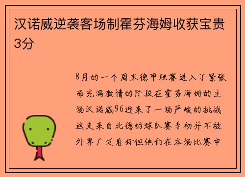 汉诺威逆袭客场制霍芬海姆收获宝贵3分