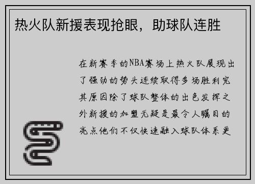 热火队新援表现抢眼，助球队连胜