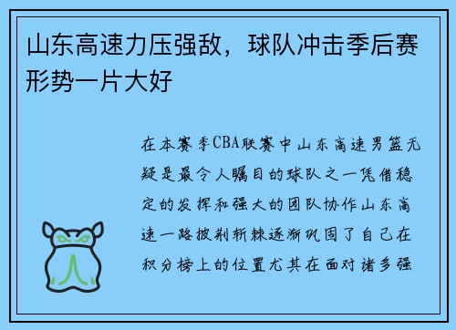 山东高速力压强敌，球队冲击季后赛形势一片大好