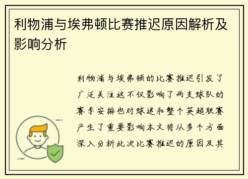 利物浦与埃弗顿比赛推迟原因解析及影响分析