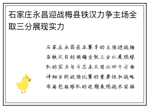 石家庄永昌迎战梅县铁汉力争主场全取三分展现实力