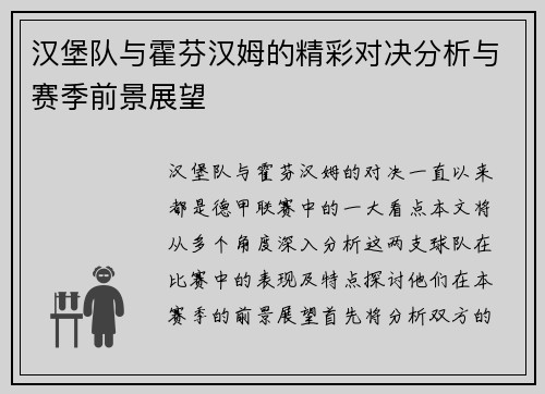 汉堡队与霍芬汉姆的精彩对决分析与赛季前景展望