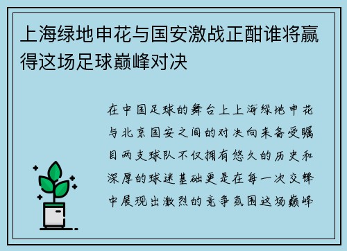 上海绿地申花与国安激战正酣谁将赢得这场足球巅峰对决