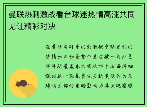 曼联热刺激战看台球迷热情高涨共同见证精彩对决